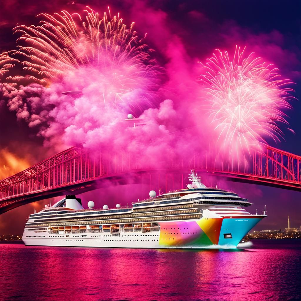 Rainbow Cruise Ship Under Pink Bridge at Night