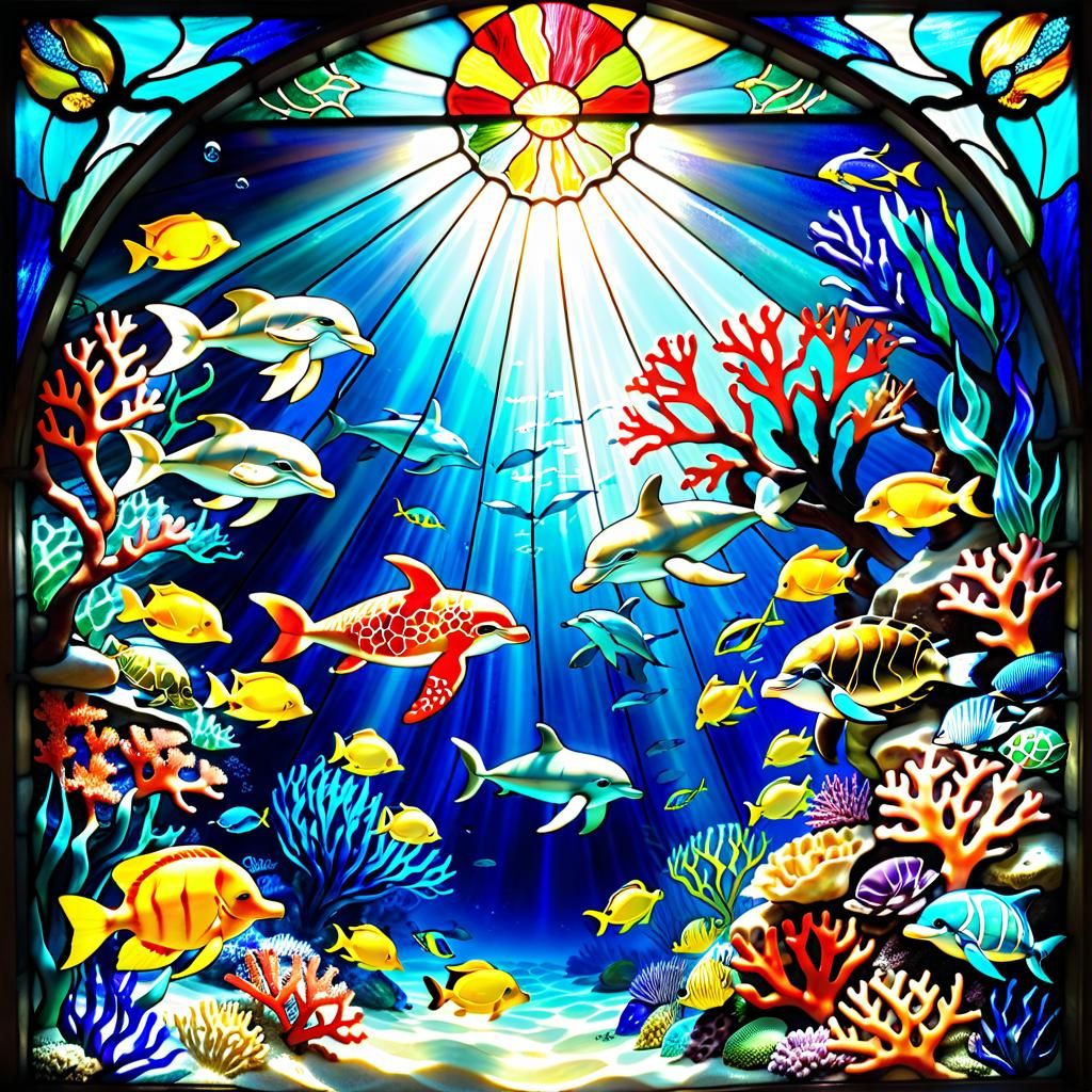 Vibrant Stained Glass: Underwater Coral Reef