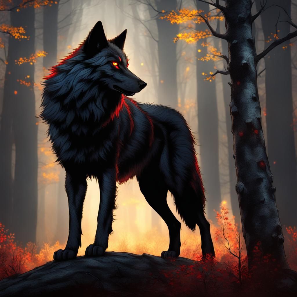 Anthropomorphic Wolf in Woods With Glowing Eyes