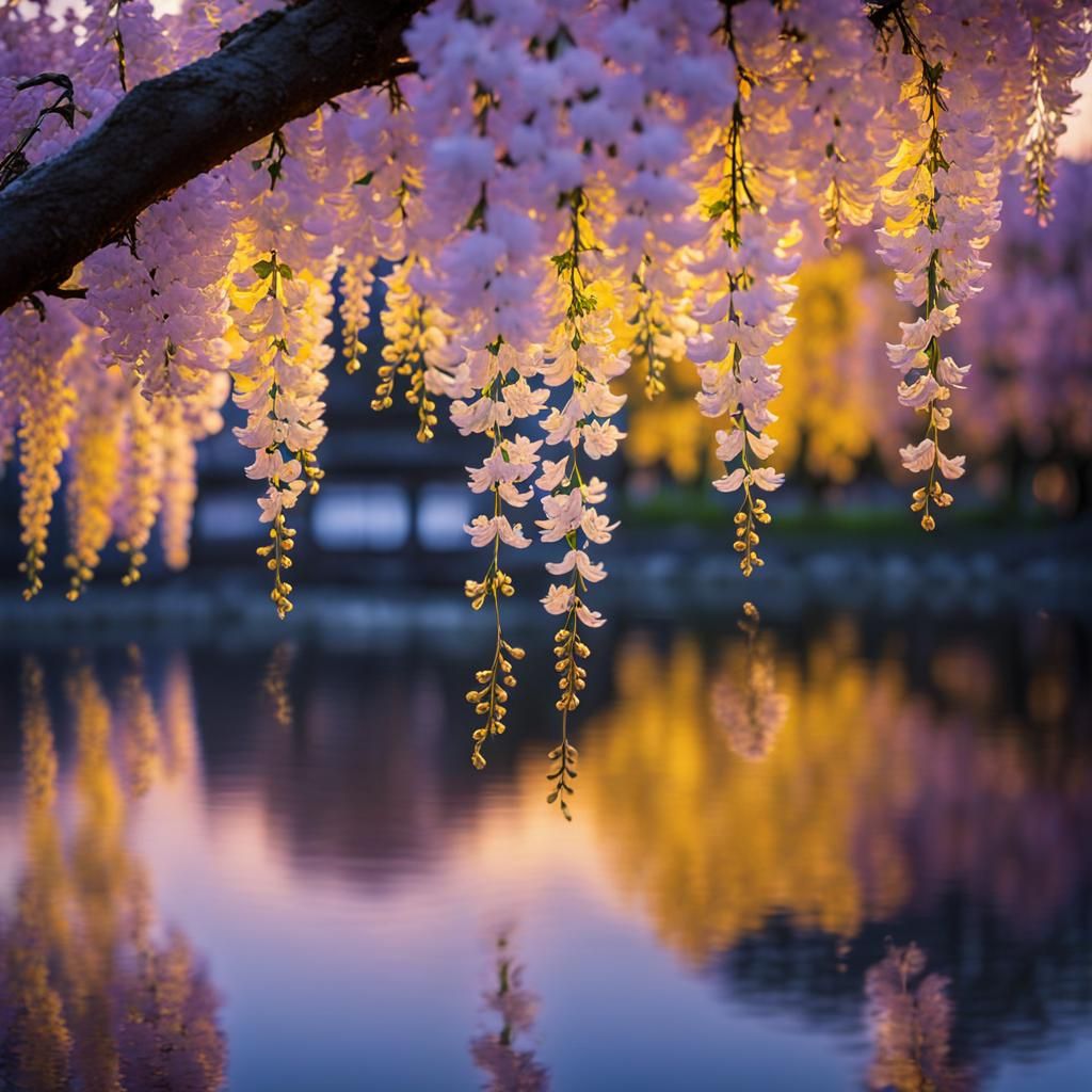 Cherry Blossom and Wisteria Dawn Reflection Photo