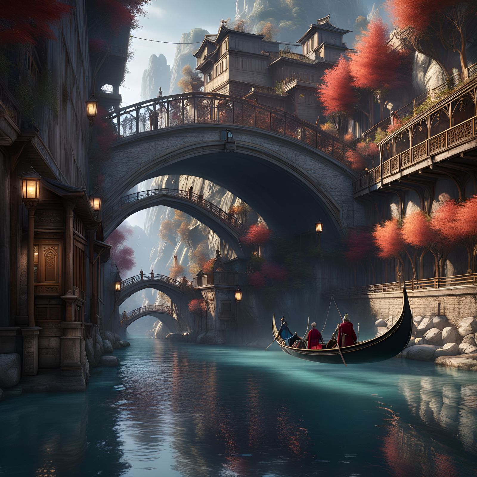 Venetian Gondolas on Bridge: Detailed Matte Painting