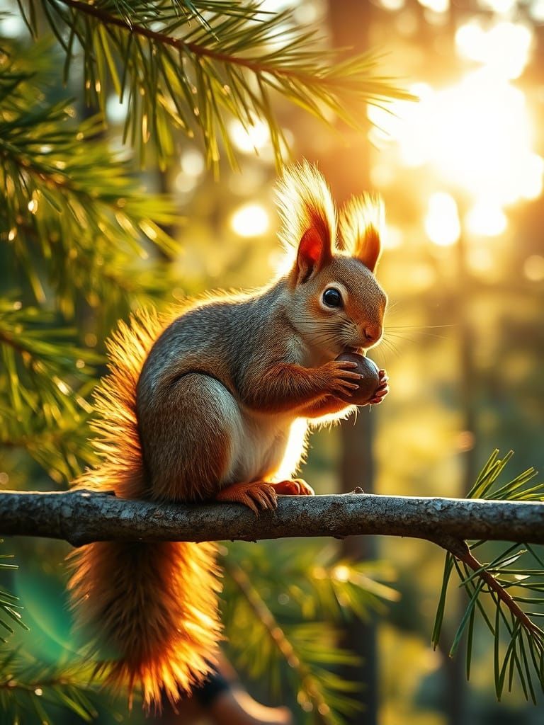 Squirrel in Cedar Forest at Sunrise