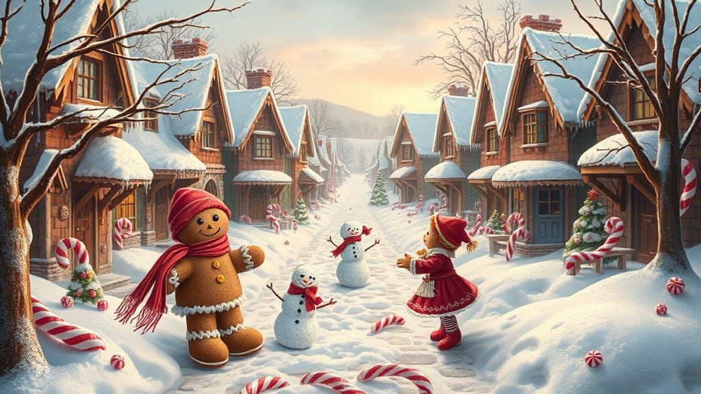 Whimsical Gingerbread Figures in Winter Wonderland Scene