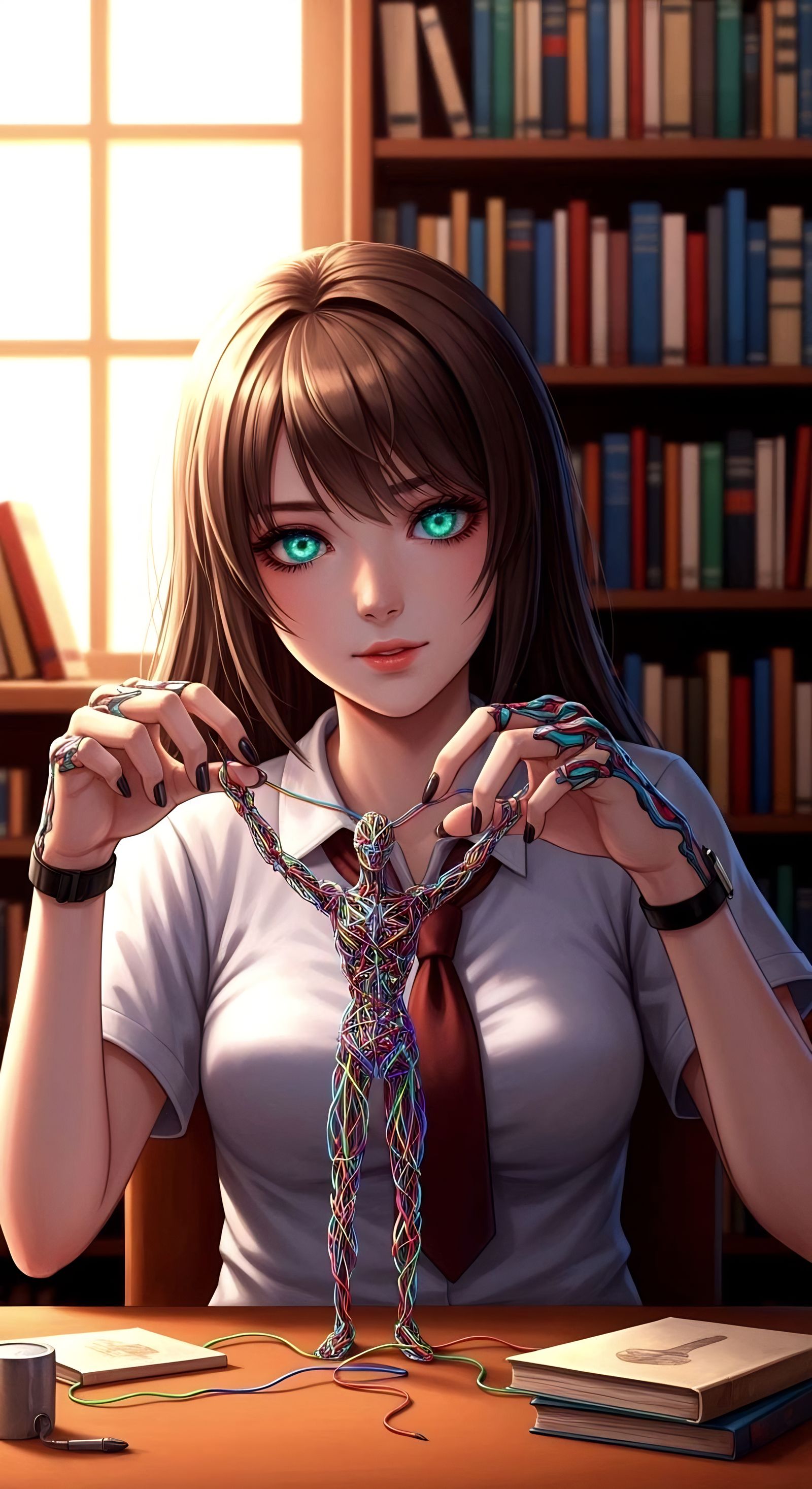 Anime Girl Creates Wire Figure in Library