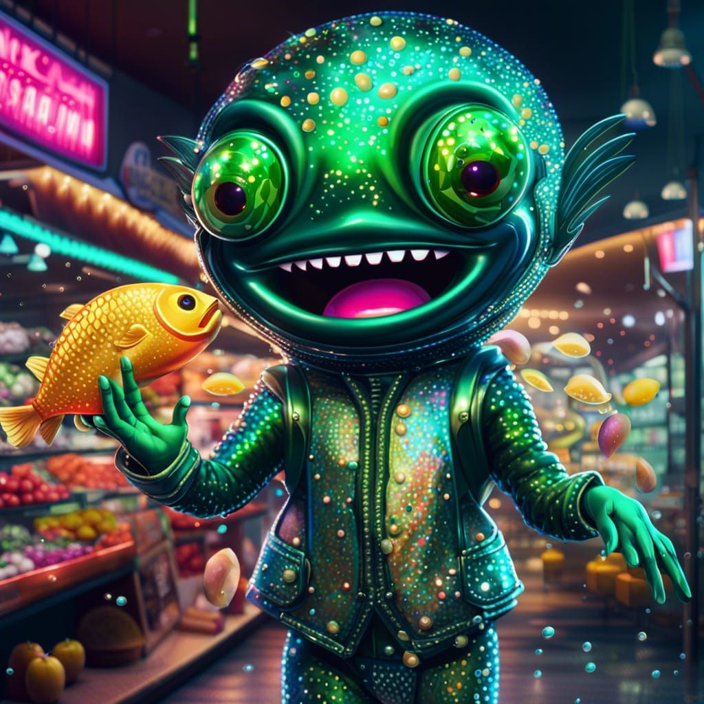 Smiling Alien Invader Goes Shopping in Neon Market