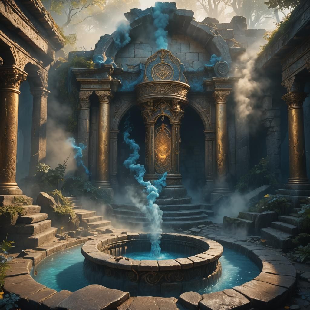 Mystical Wellspring Emitting Ethereal Blue Smoke