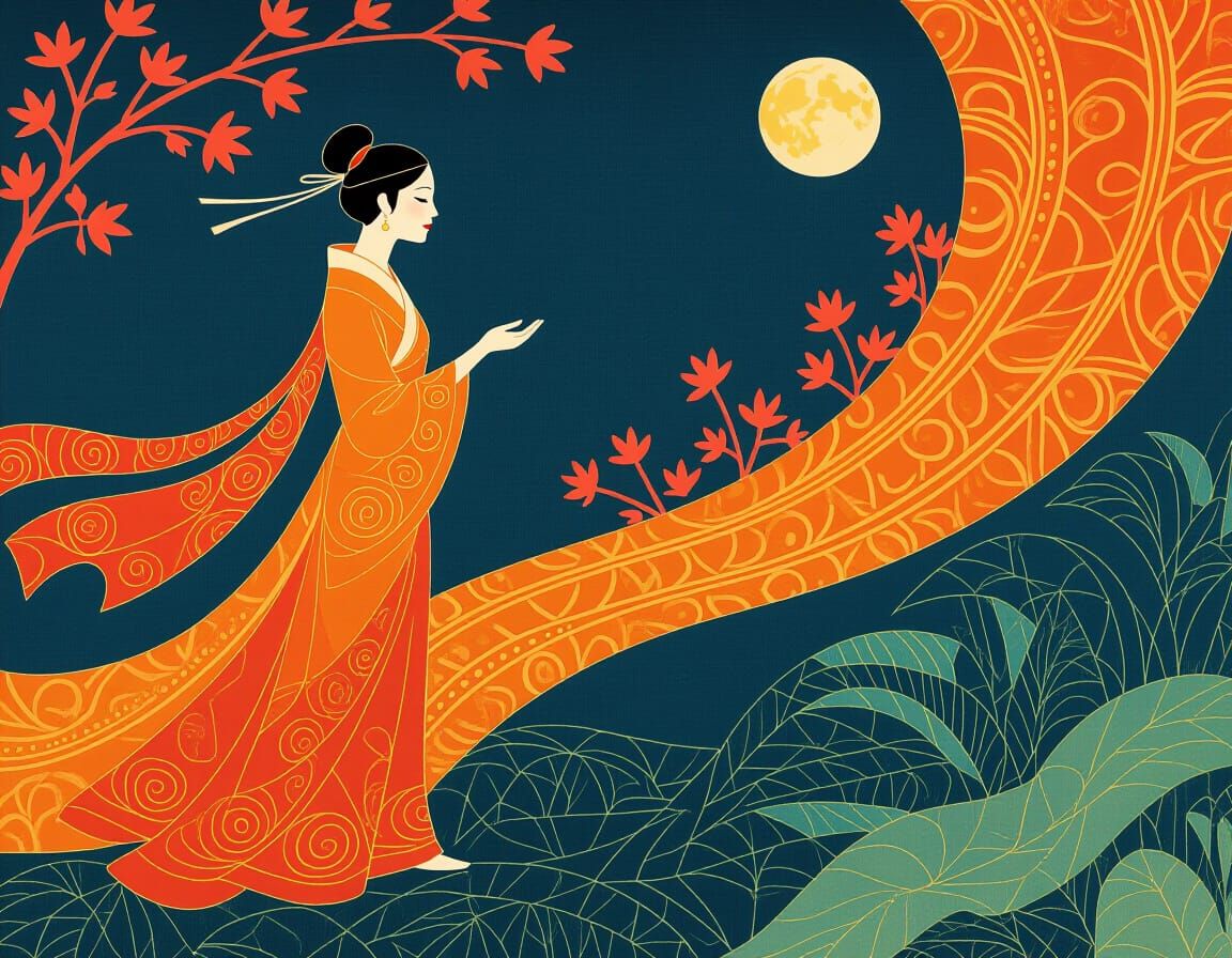 Expressive Orange Rhapsody Hand-Colored Linoprint