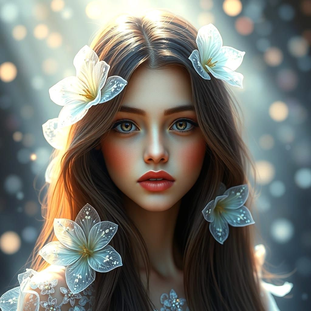Ethereal Glass Girl with Floral Hairpiece in Soft Focus
