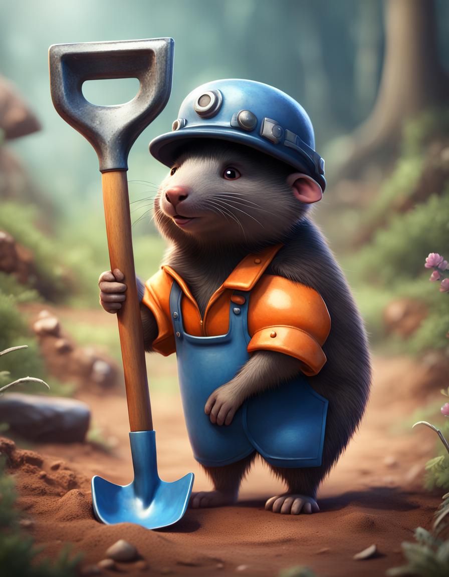 Cartoon Mole Mechanic Digging with Shovel