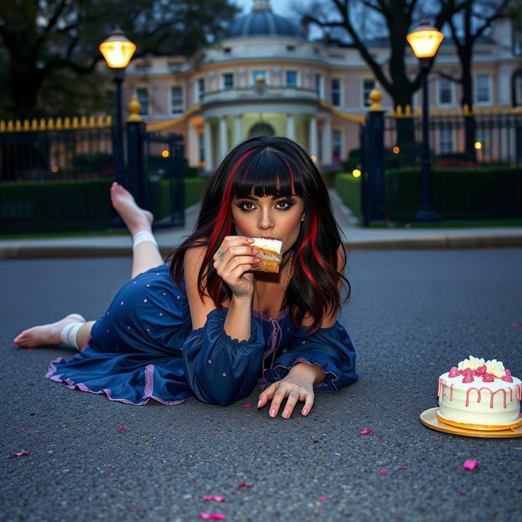 Whimsical Singer Enjoys Cake Under Starry Night Sky