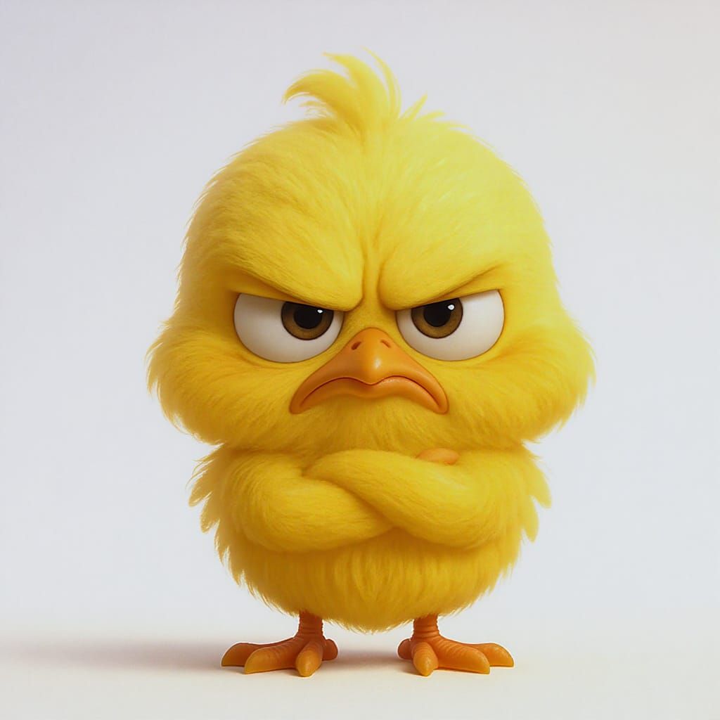 Grumpy Yellow Chick in Disney Pixar Cartoon Style