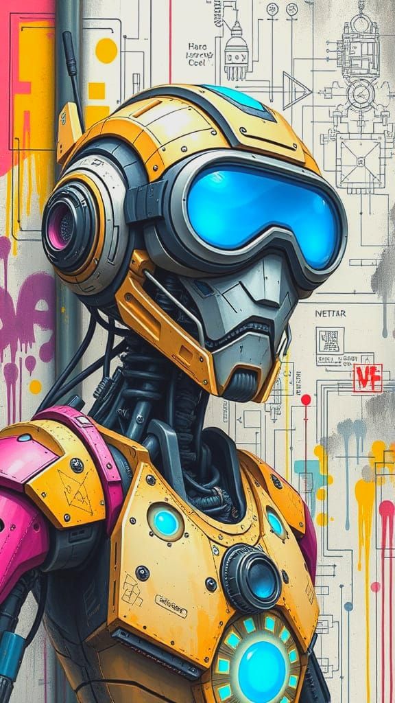 Cartoon Robot with Reflective Goggles in Futuristic Style