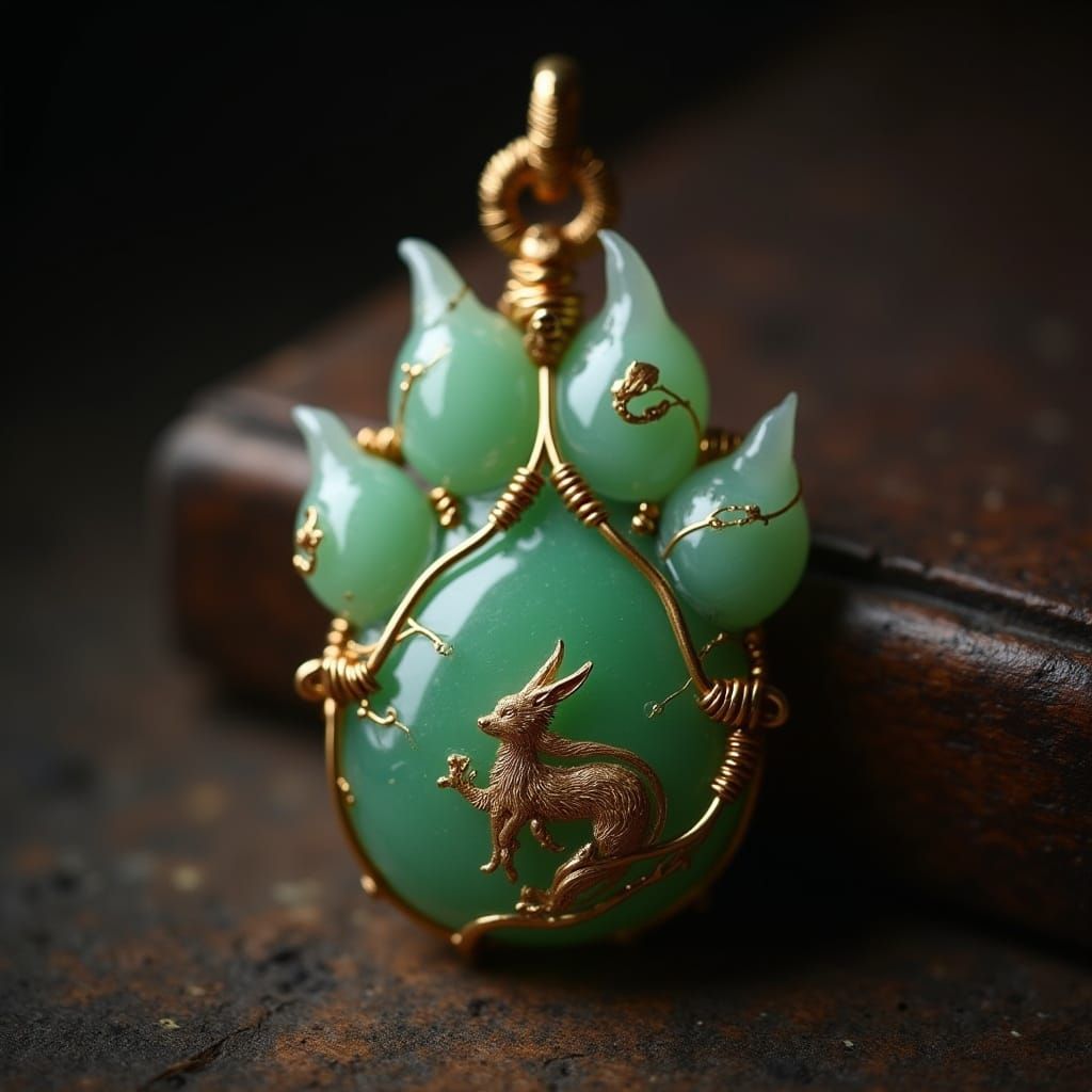 Fox Spirit Jade Charm in Golden Filigree