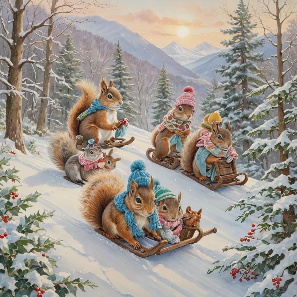 Squirrels Sledding on a Sunny Winter Day
