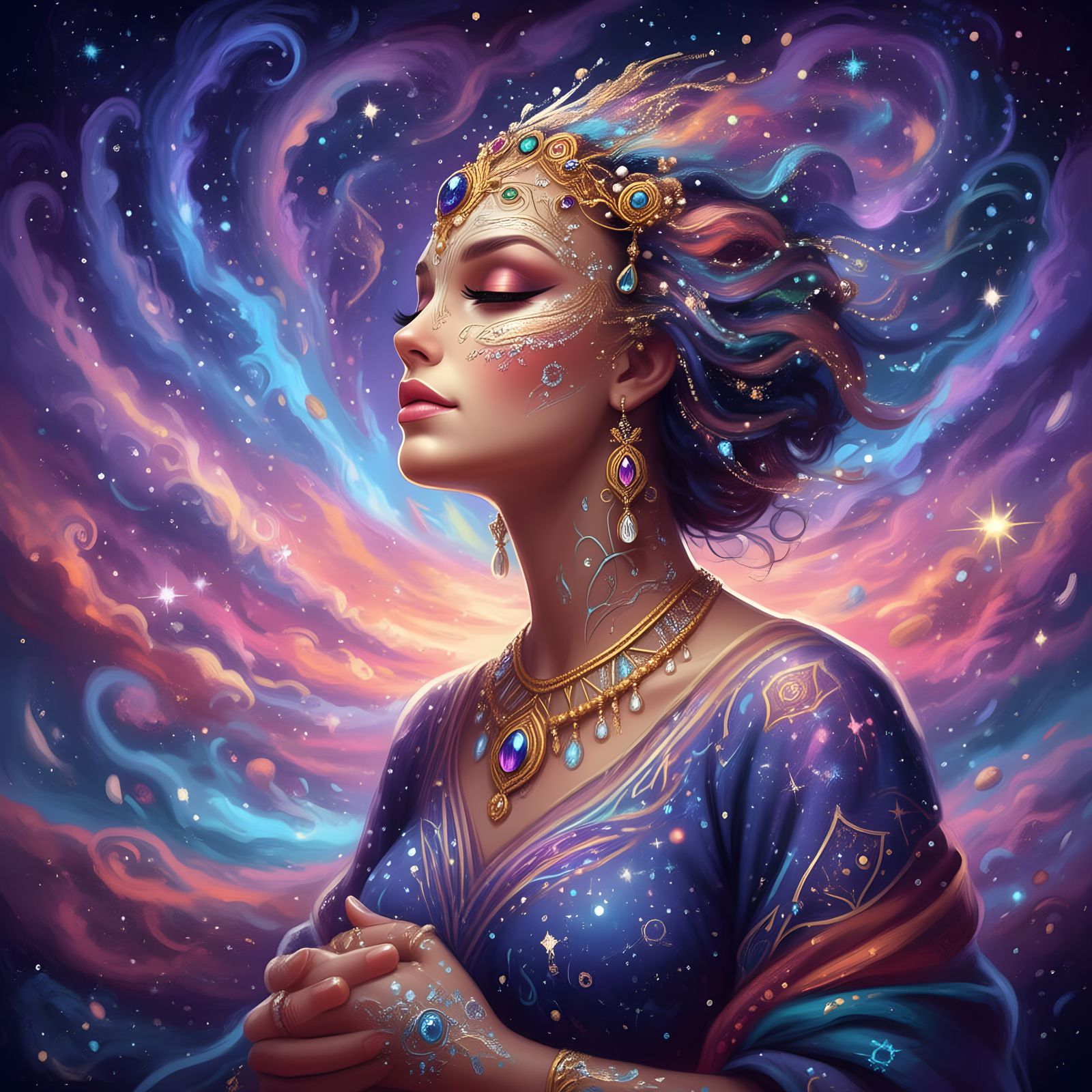 Native Woman Gazing at Swirling Nebula in Storybook Style