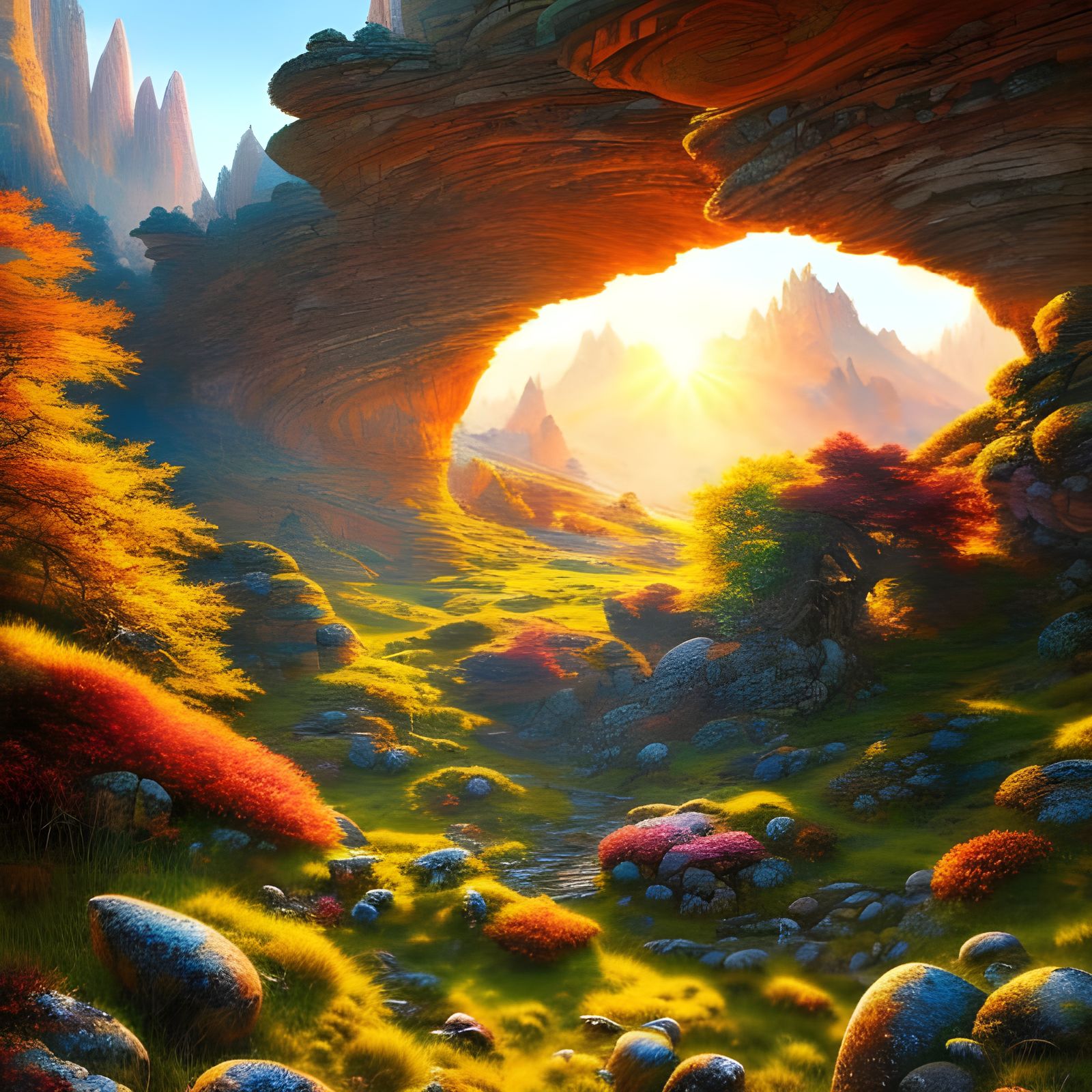 Rocky Mountain Landscape Painting in Golden Sunlight