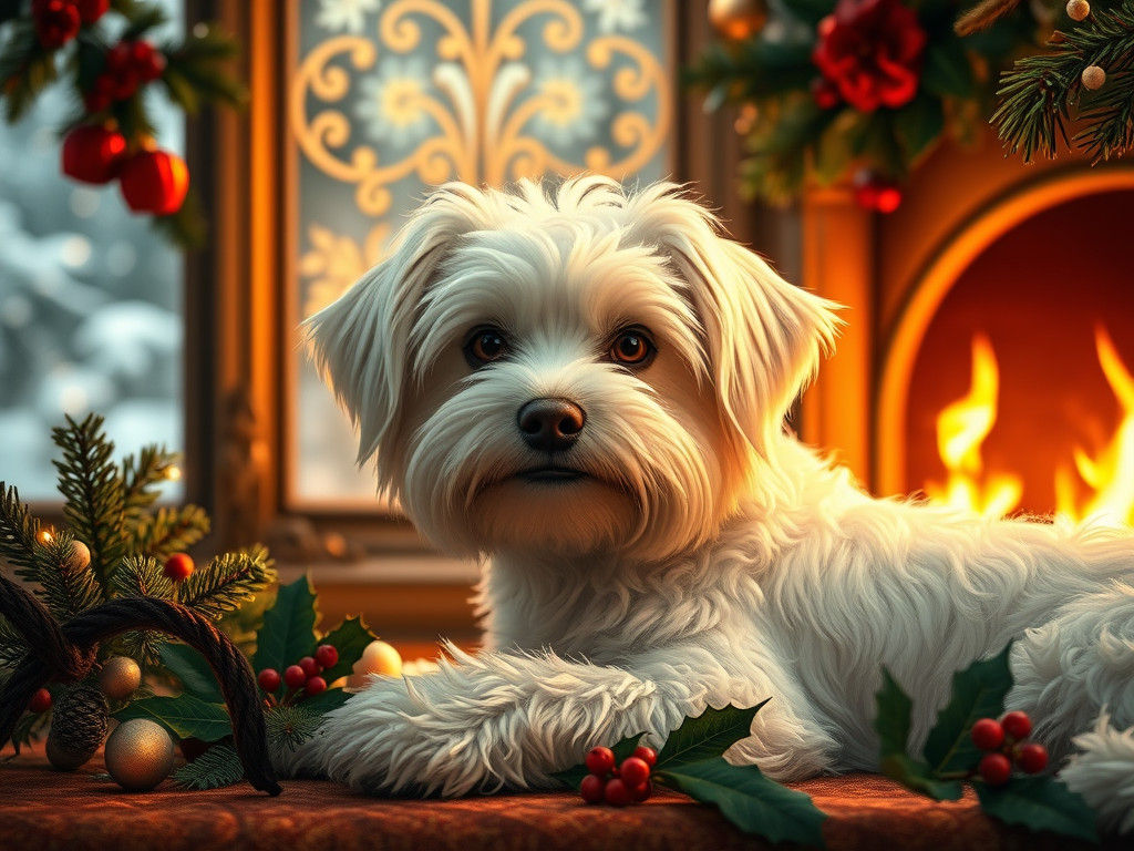 Maltese Dog by Fireplace in Art Nouveau Style