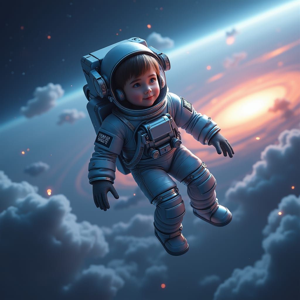 Astronaut Boy Floating in Starry Space, Concept Art