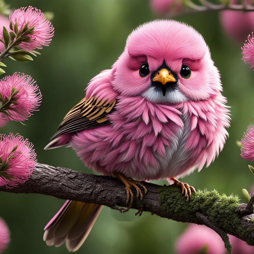 Vibrant Pink Baby Bird in Whimsical Garden Wonderland