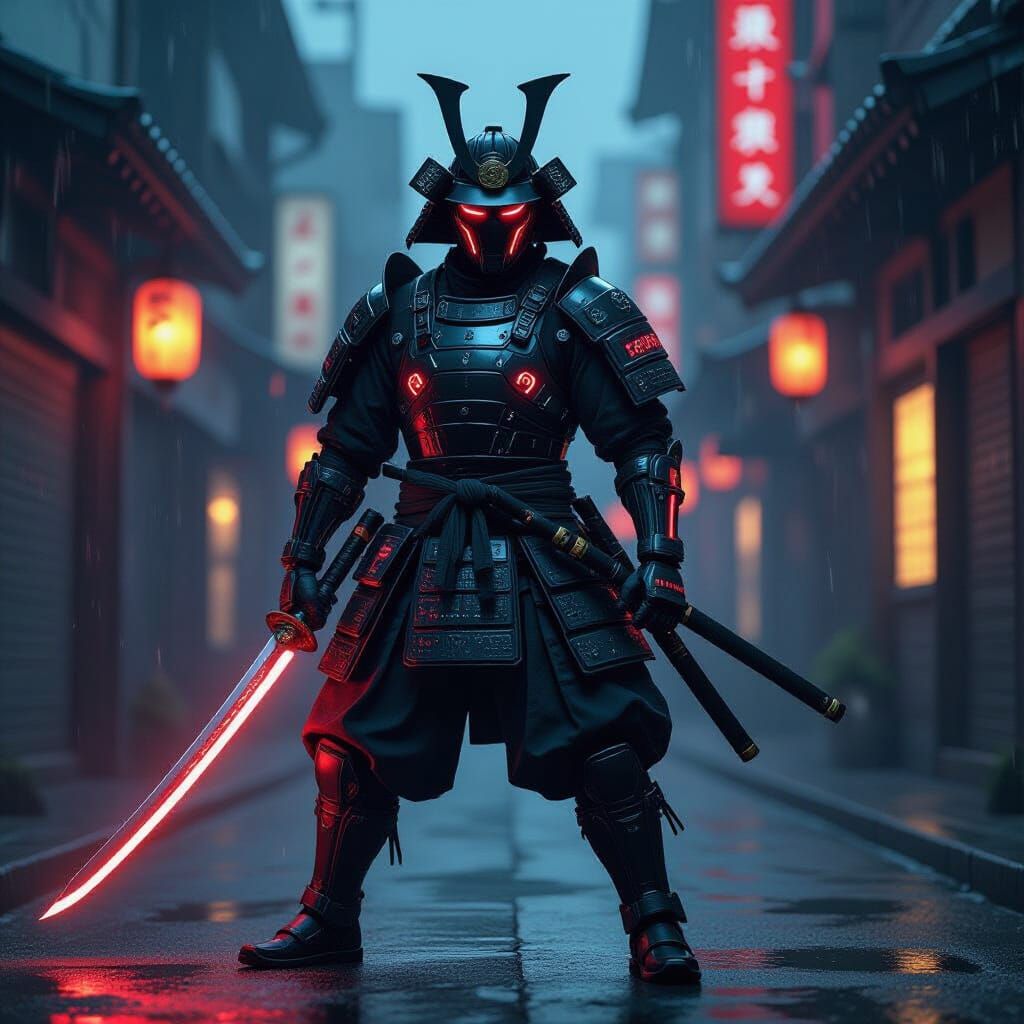 Cyberpunk Samurai Warrior in Dystopian City