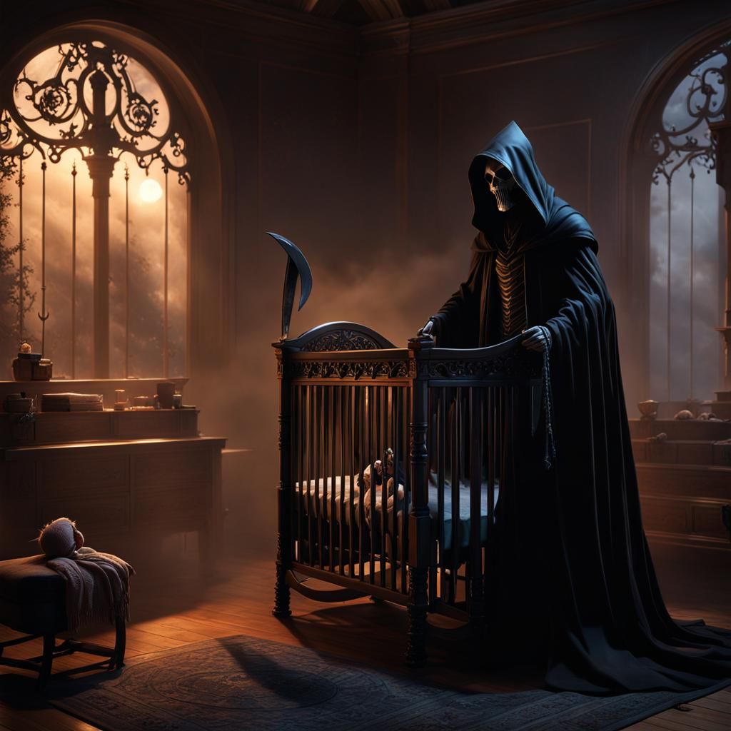 Grim Reaper Over Baby Crib in Epic Light