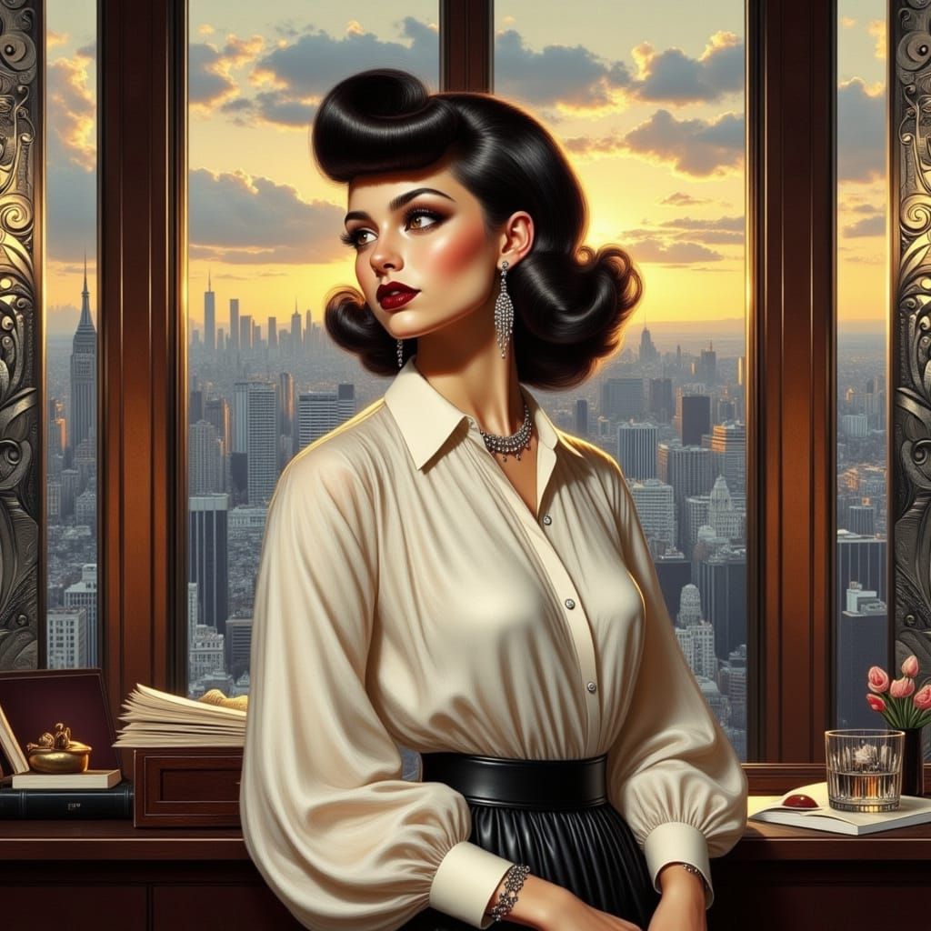 Elegant Woman Contemplating in a High-Rise Office