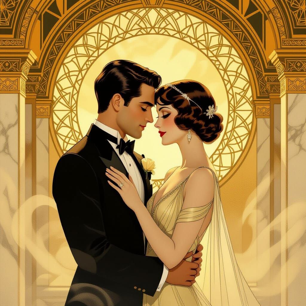 Art Deco Lovers in Golden Mist