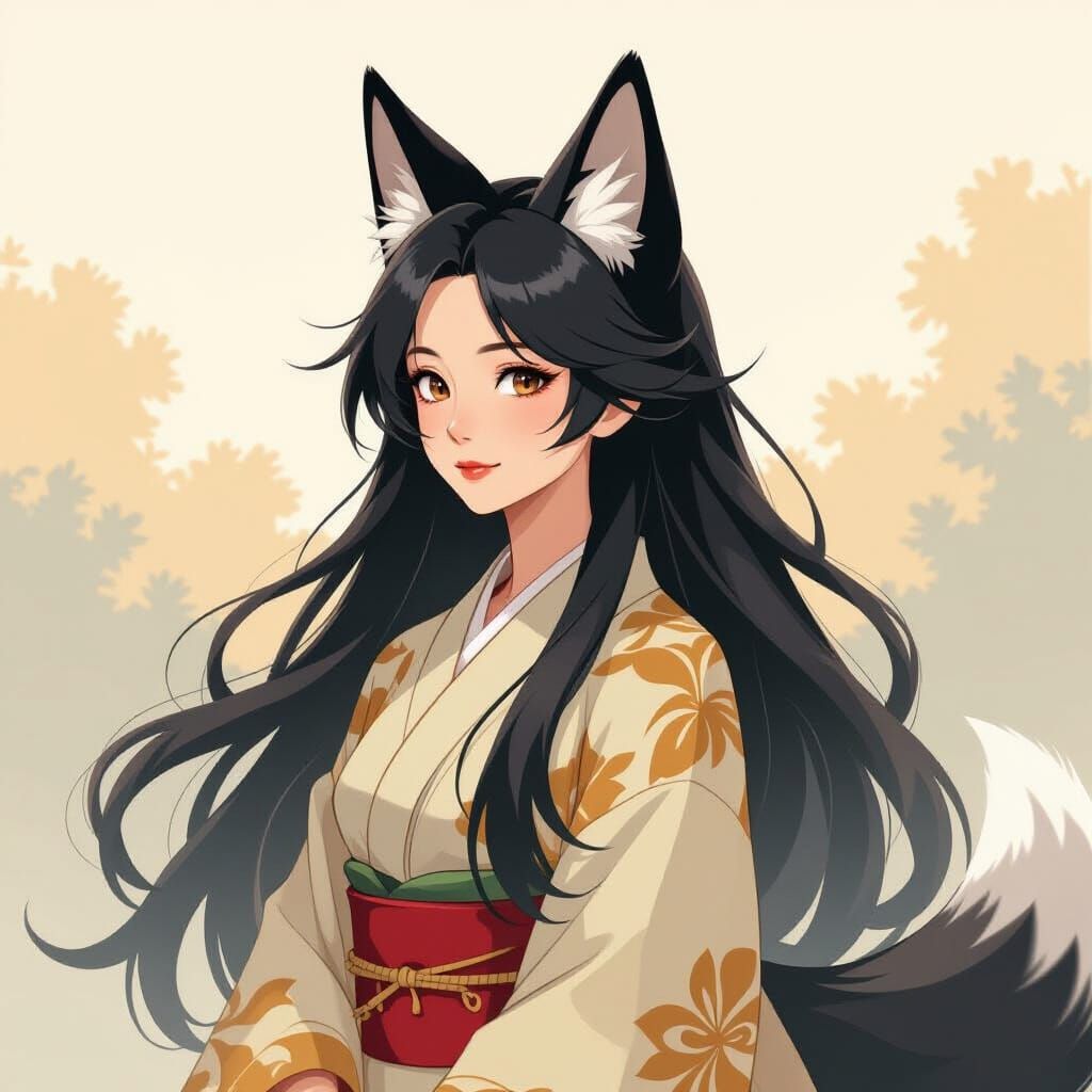 Ethereal Kitsune Woman in Dreamy Watermark Style