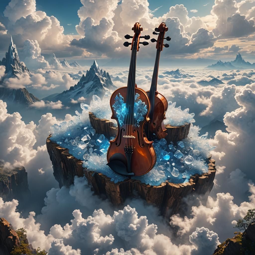 Crystal Violin Above Clouds: Fantasy Concept Art