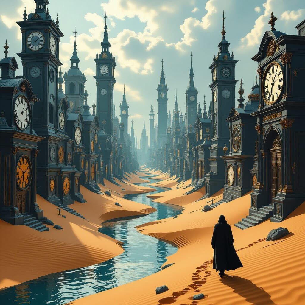 Surreal Clockwork City With Sand Rivers