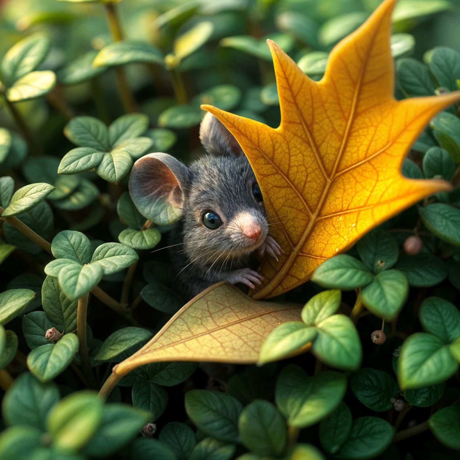 Timid Mouse Hiding in Lush Bush: 3D Whimsical Render