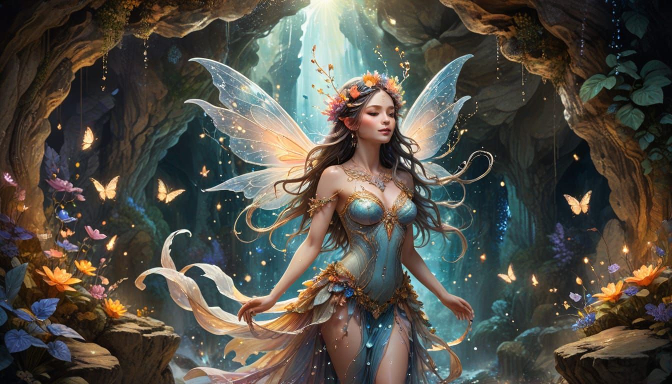 Divine Fairy with Insect Wings in Watercolor and Ink