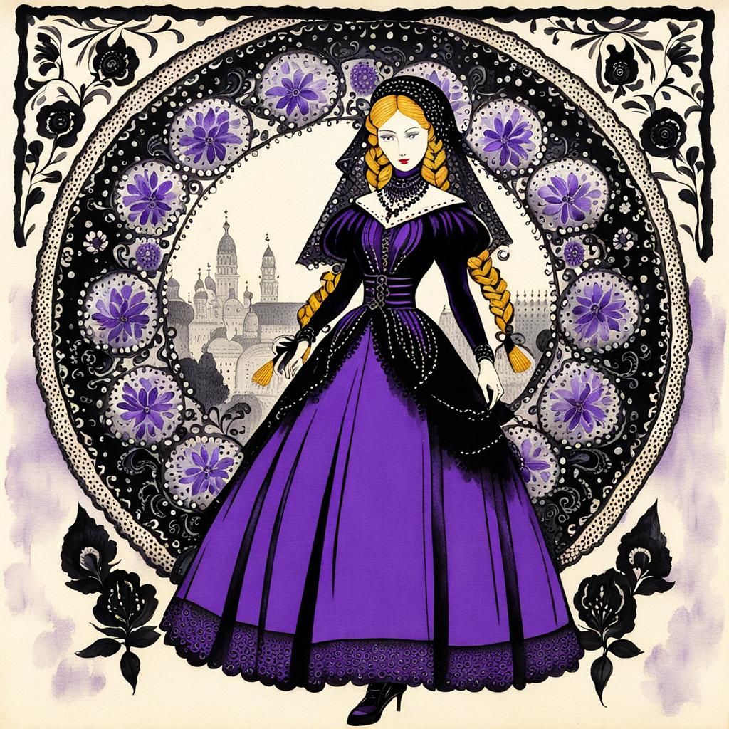 Tsarina Eudoxia in Violet Gown: Ink Painting