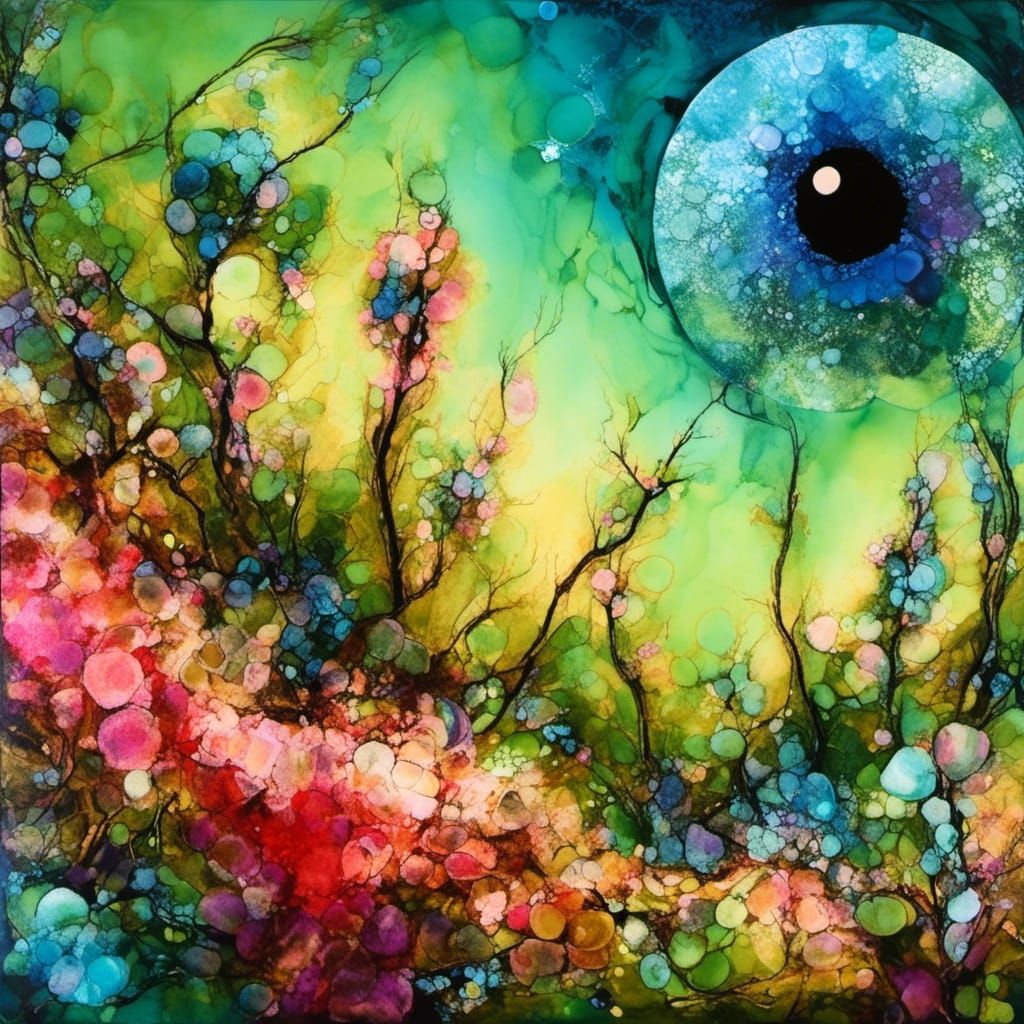 Surreal Alien Landscape in Alcohol Ink Style