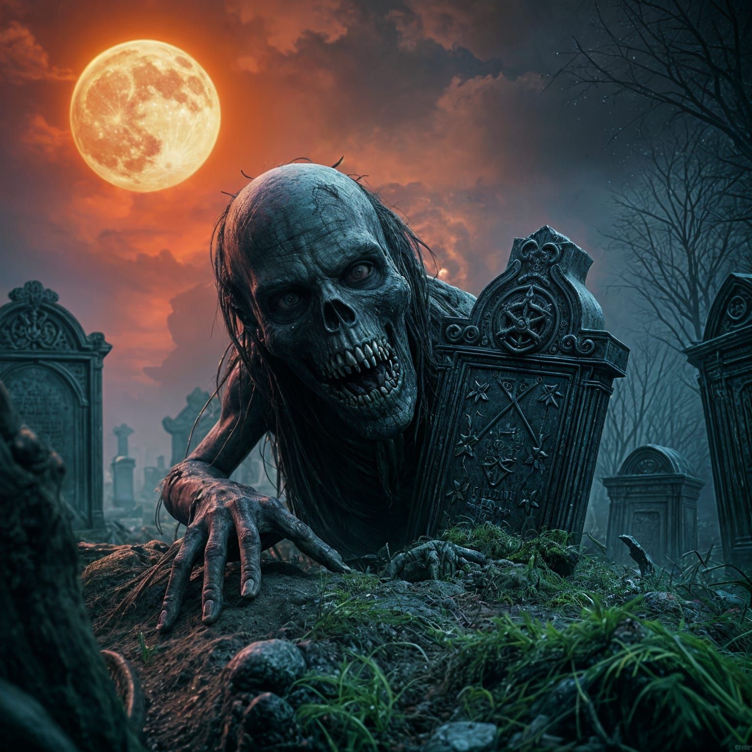 Zombie Emerges from Grave in a Dark Cemetery at Full Moon