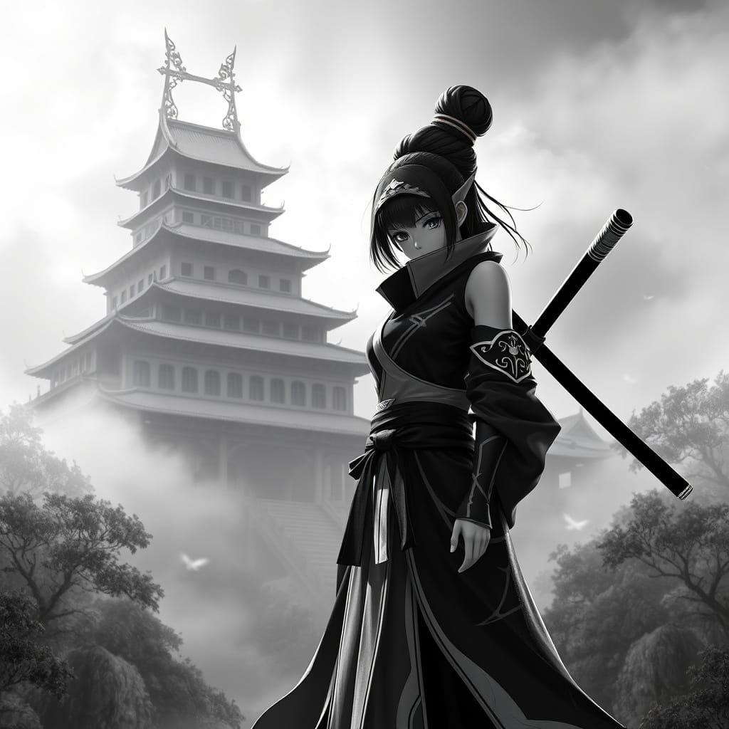 Majestic Female Ninja Standing Before Ancient Castle