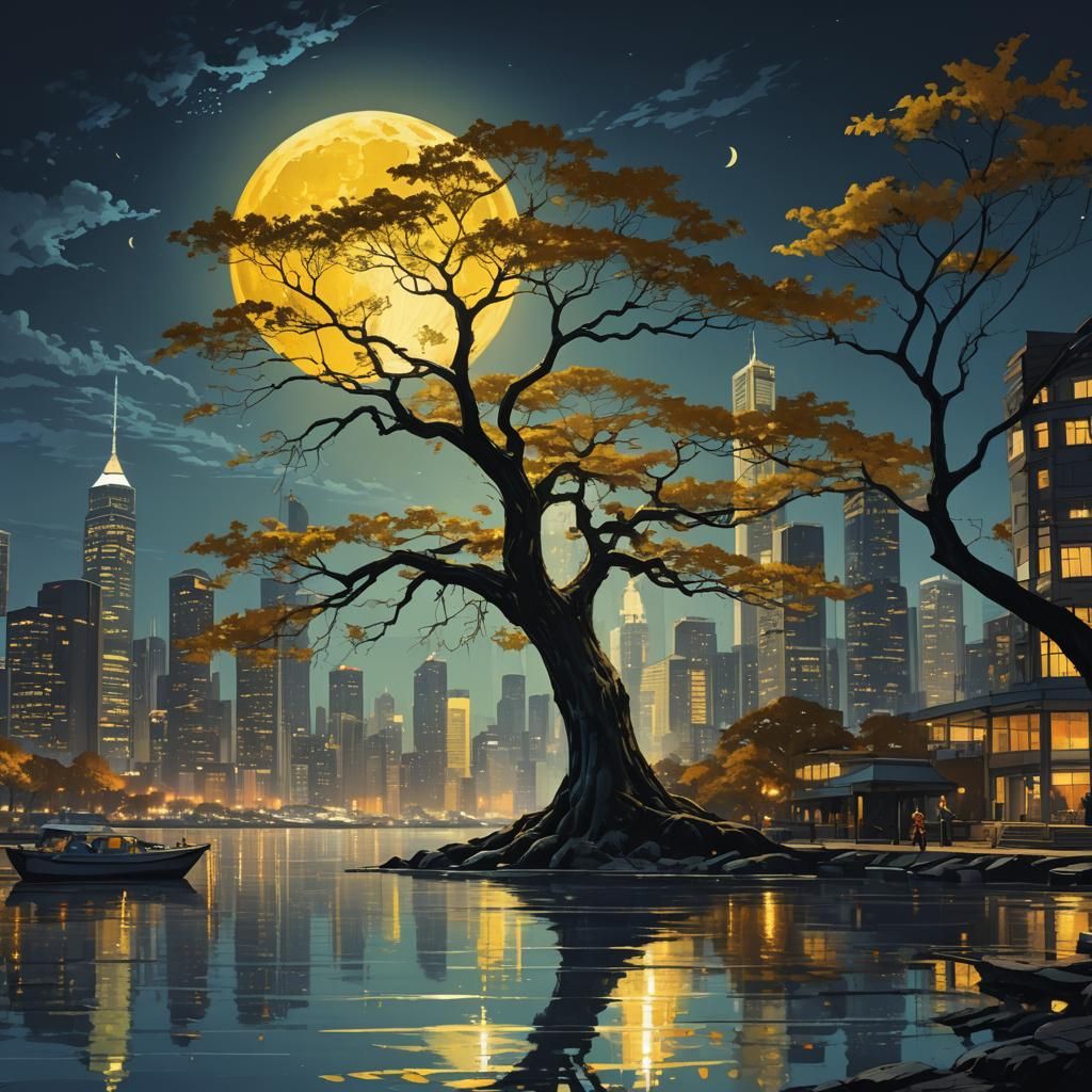City Skyline and Tree Under Yellow Moon