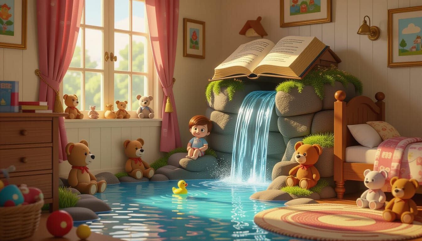 Magical Waterfall River in Pixar-Style Bedroom