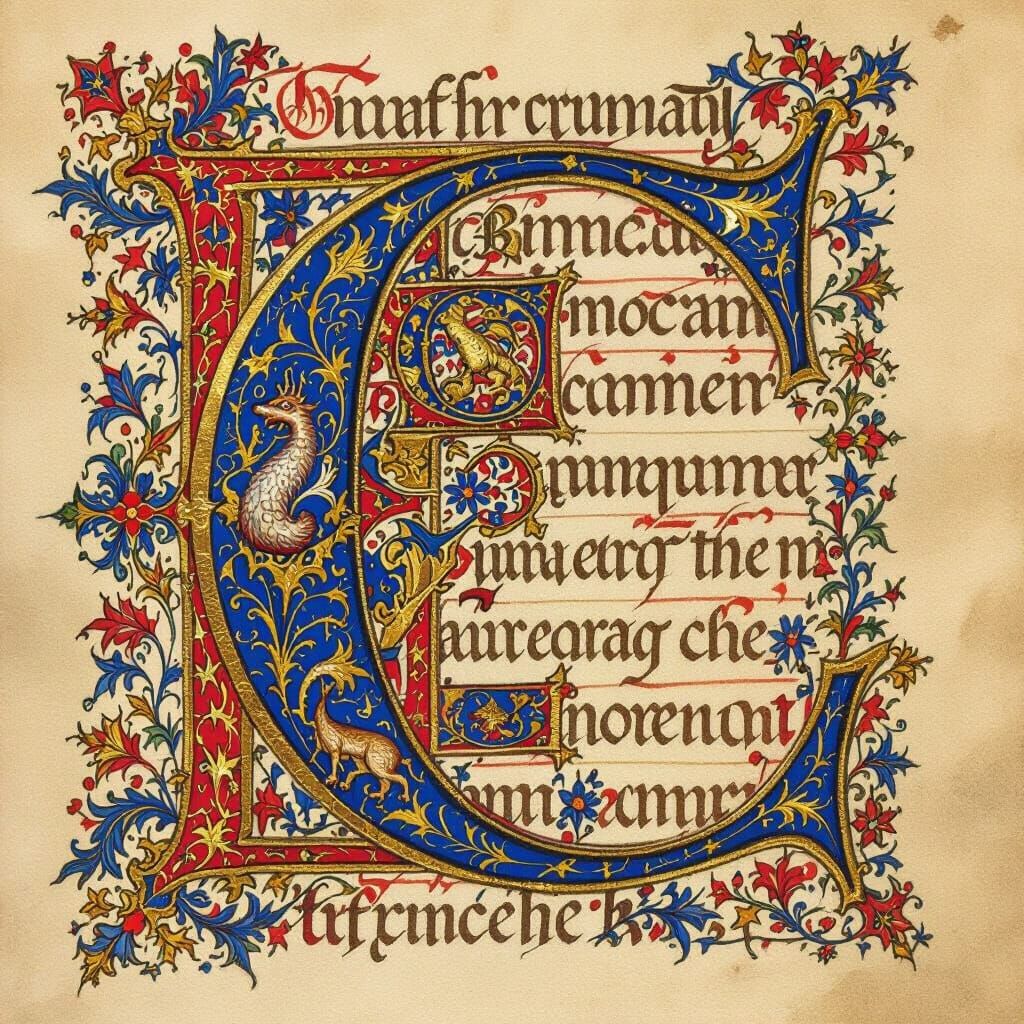 Medieval Illuminated Letter C with Mythical Beasts