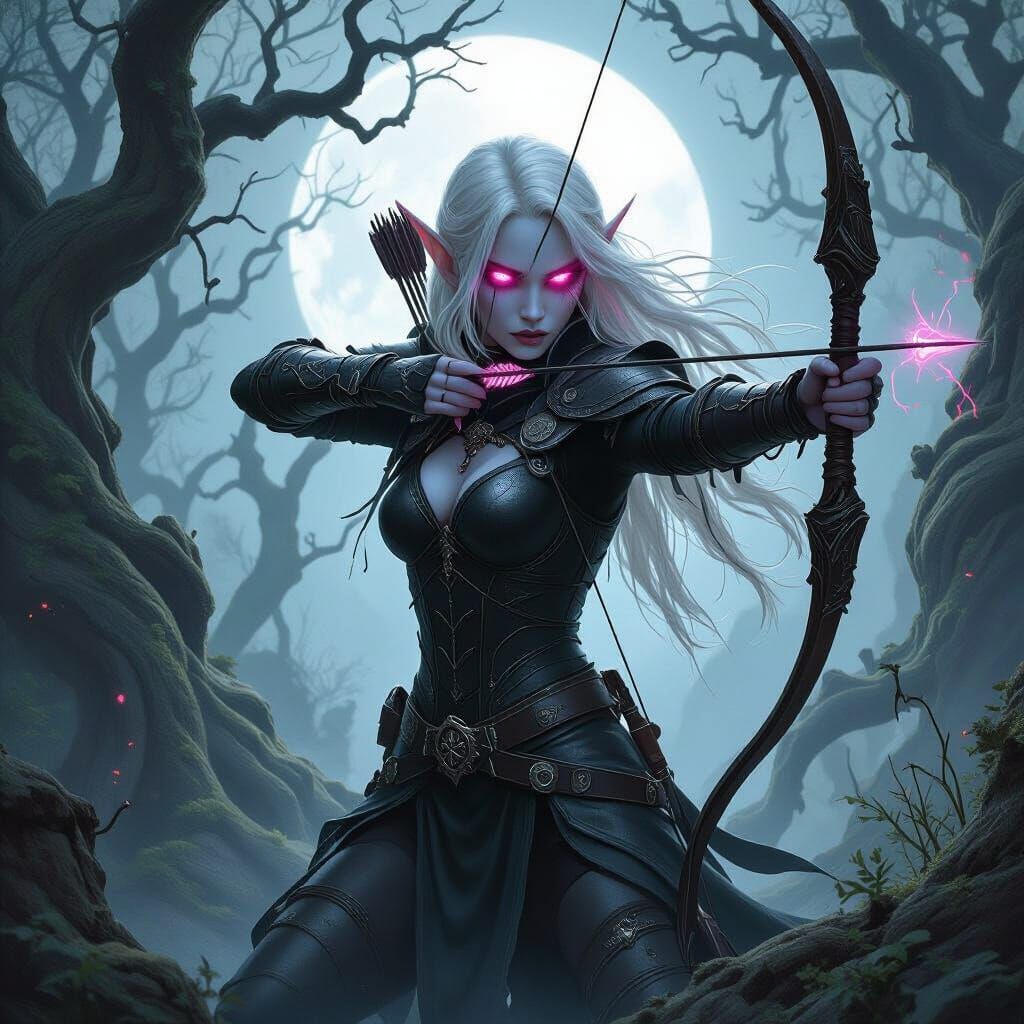 Albino Elf Huntress in Moonlit Forest, Hyperrealistic Splash...