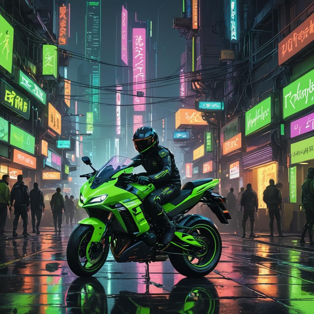 Cyberpunk Kawasaki Ninja Gleaming Under Neon Lights