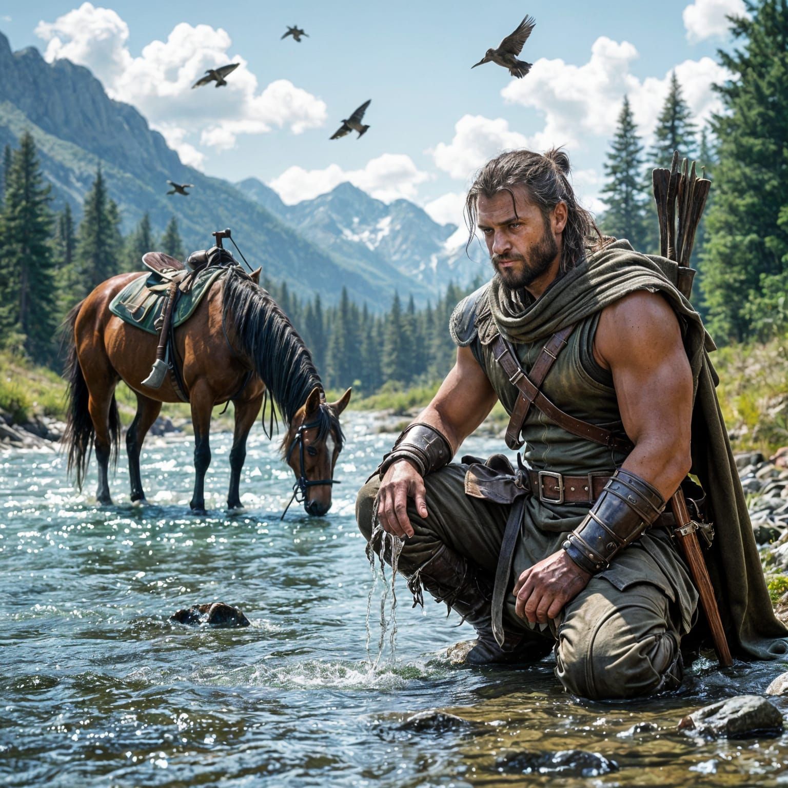 Ranger by River in Detailed Fantasy Landscape