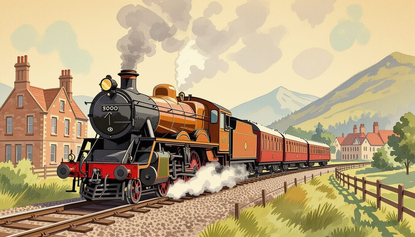 Ancient English Train Launch Sketch in Gouache and Watercolo...