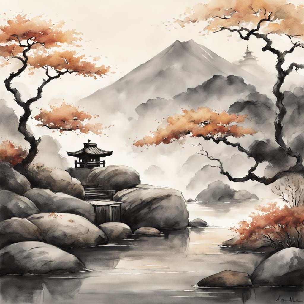 Mountaintop Zen Garden at Sunrise: Minimalist Style