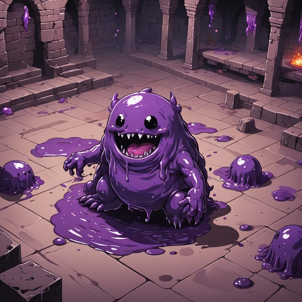 Purple Slime Monster in Anime Style Dungeon