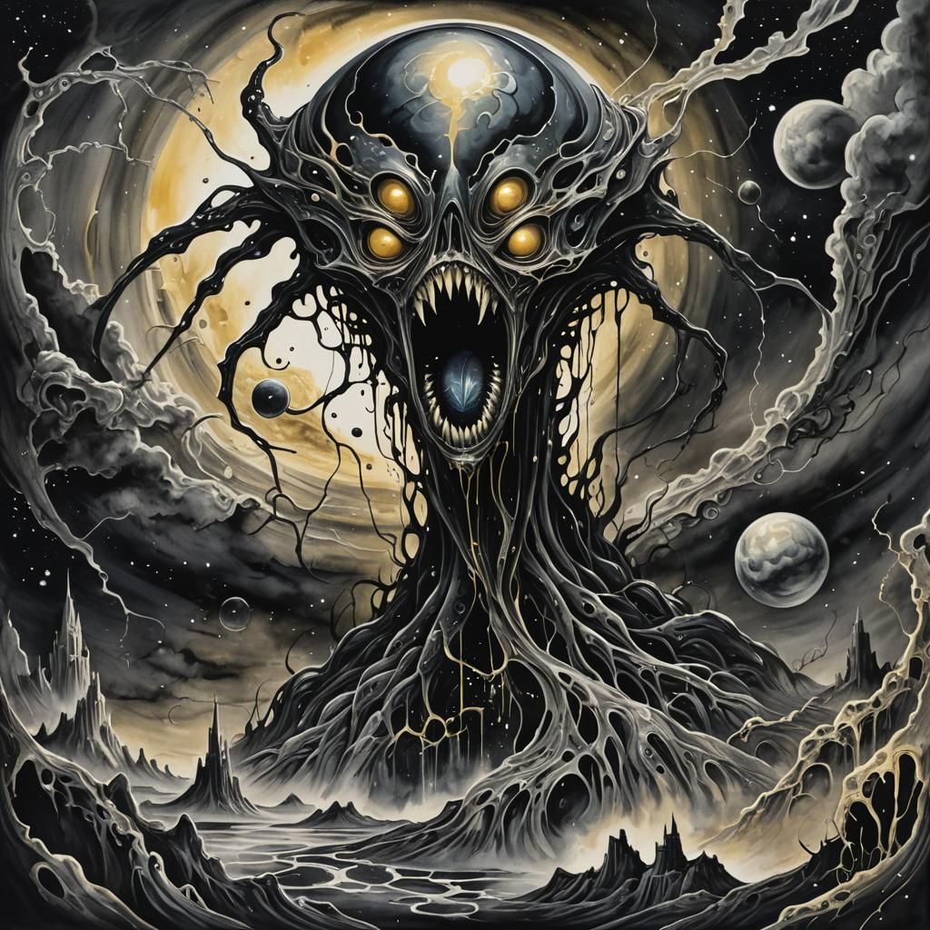 Eldritch Creature Emerges in Dark Sci-Fi Ink Wash