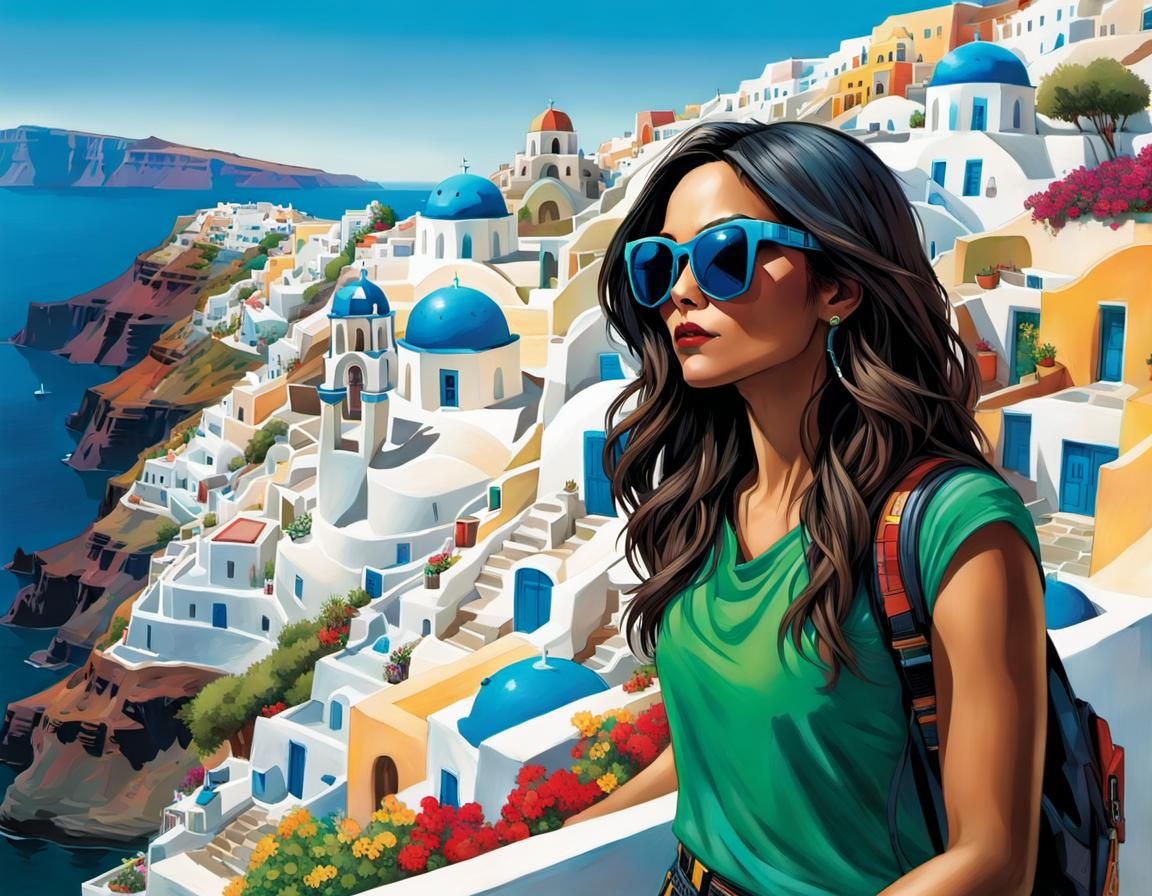Santorini Selfie: Line Art in Marine Painting Style