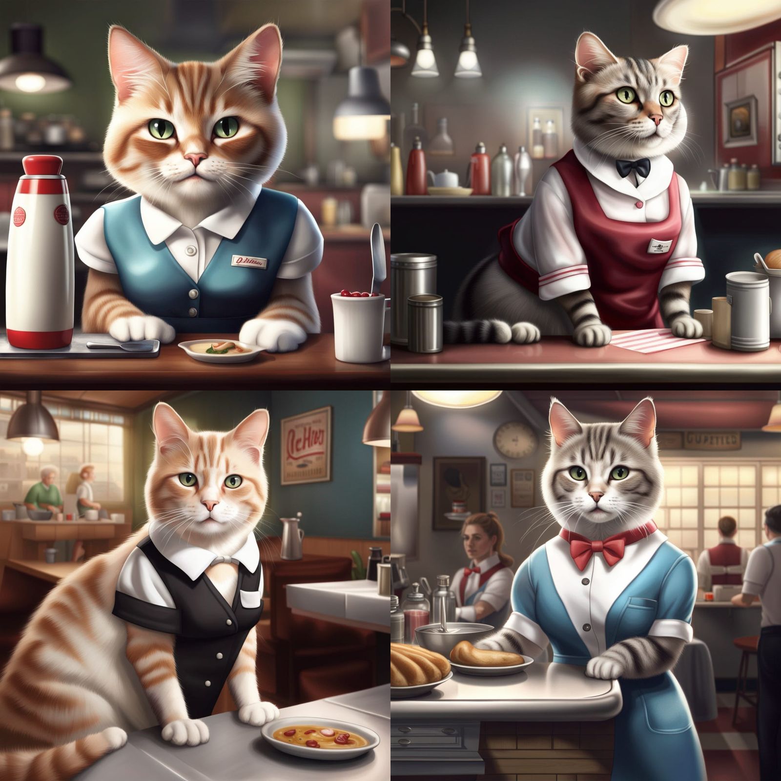 Cat Waitress Serving Diner Customers: Semi-Realistic Style