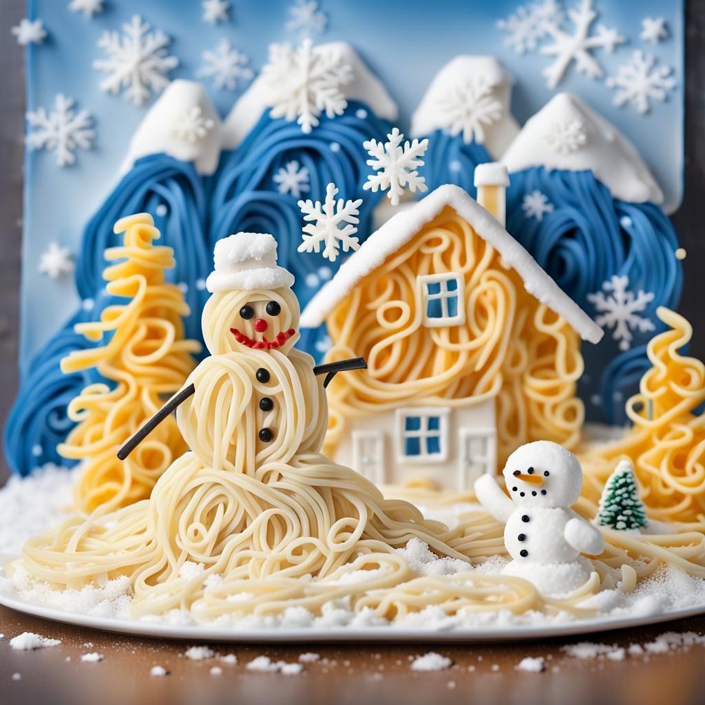 Whimsical Winter Scene Crafted from Pasta