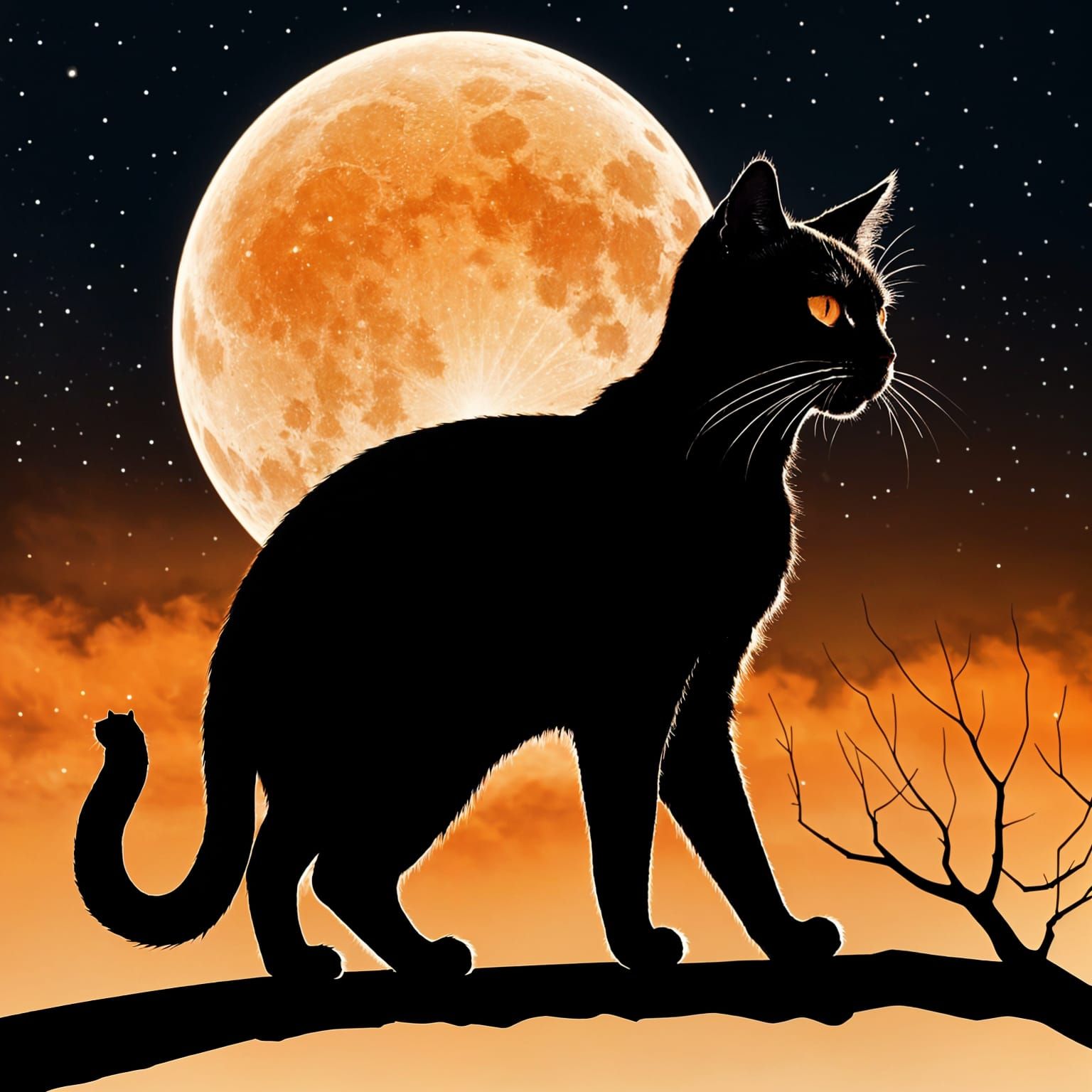 Silhouette of Cat with Orange Moonlit Eyes